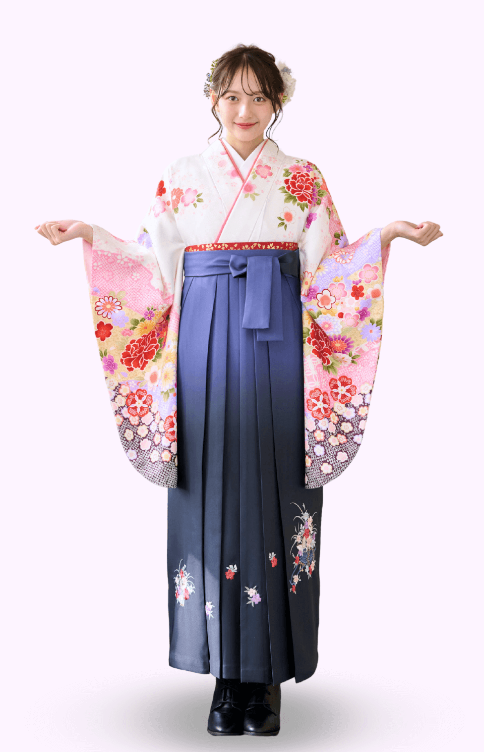 〈着物〉白色 匹田柄に牡丹柄着物 〈袴〉紺色＆ブルー色ぼかし 花車の刺繍袴 【315】