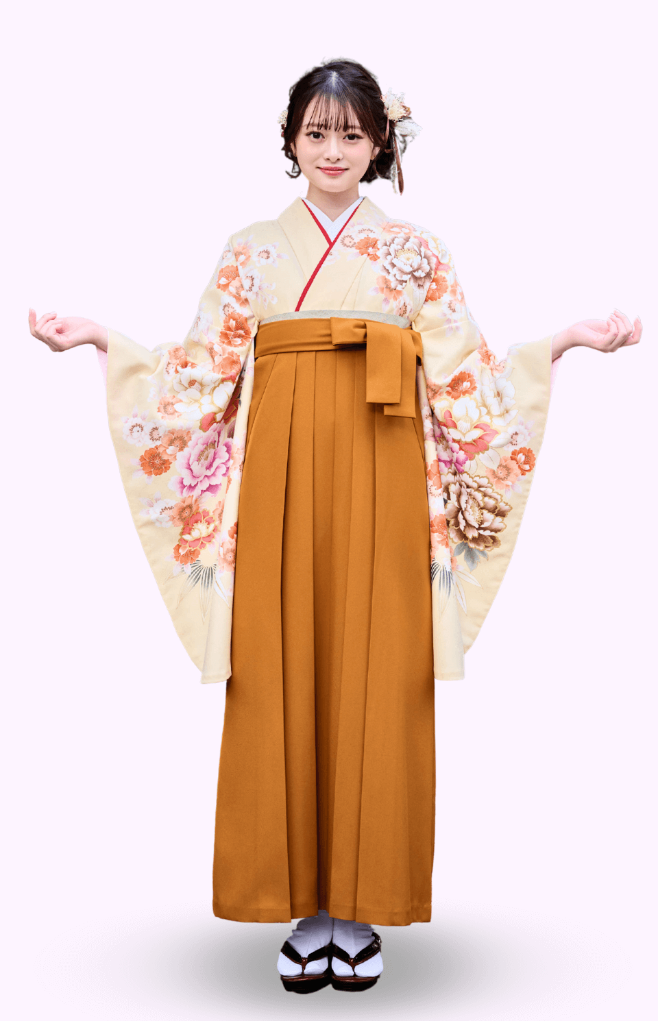 〈着物〉クリーム色 牡丹と椿柄着物 〈袴〉レンガ色 無地袴 【317】
