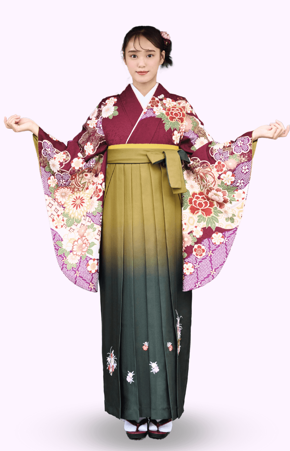 〈着物〉エンジ色 雲取り慶長柄 〈袴〉濃緑色&抹茶色ぼかし 花車の刺繍袴 【318】