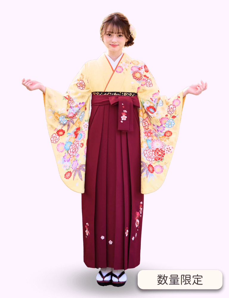 〈着物〉黄色 古典桃山風柄着物 〈袴〉エンジ色 梅刺繡袴 【321】