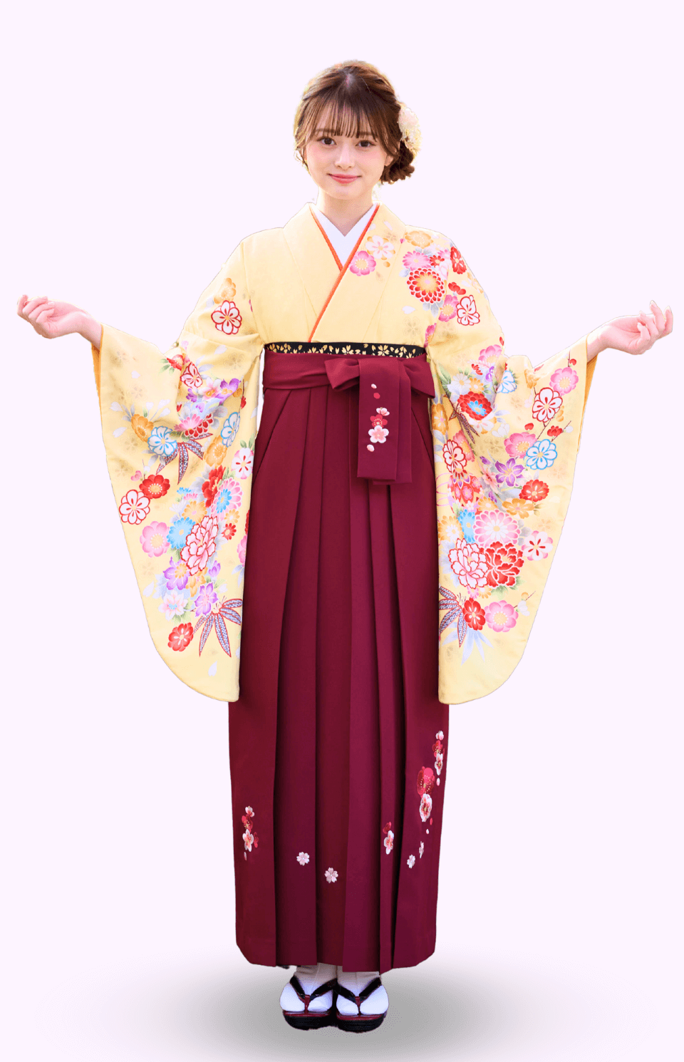 〈着物〉黄色 古典桃山風柄着物 〈袴〉エンジ色 梅刺繡袴 【321】