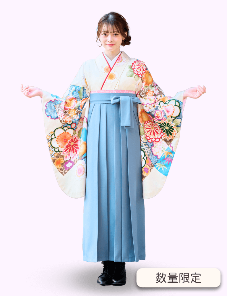 〈着物〉白色 市松取り柄着物 〈袴〉薄藍色 無地袴 【322】