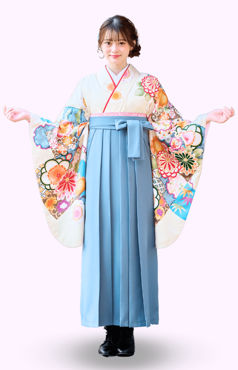 〈着物〉白色 市松取り柄着物 〈袴〉薄藍色 無地袴 【322】