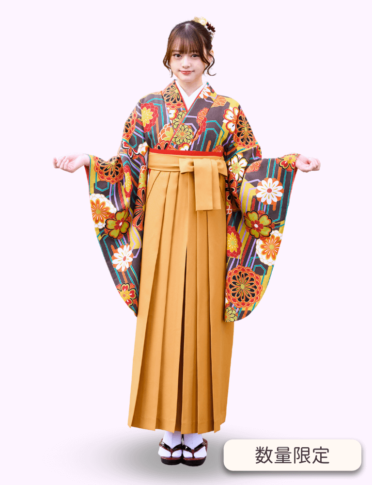 〈着物〉こげ茶色 モダン小紋着物 〈袴〉からし色（さび朱） 無地袴 【324】