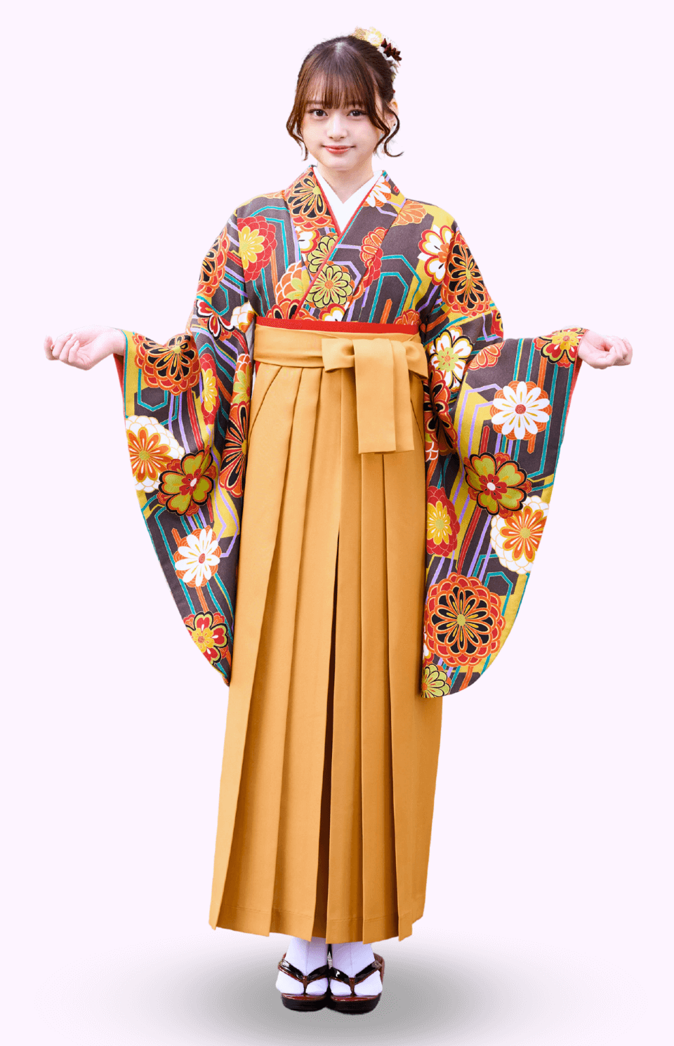 〈着物〉こげ茶色 モダン小紋着物 〈袴〉からし色（さび朱） 無地袴 【324】