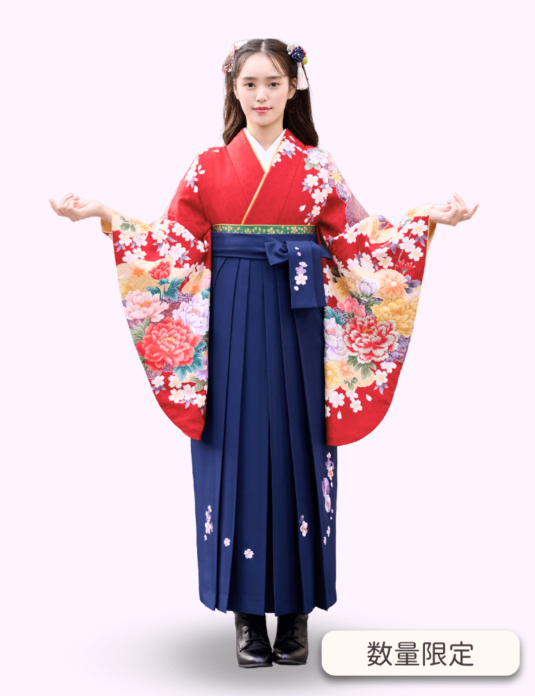 〈着物〉赤色 雲取りに牡丹柄着物 〈袴〉紺色 梅刺繡袴 【328】