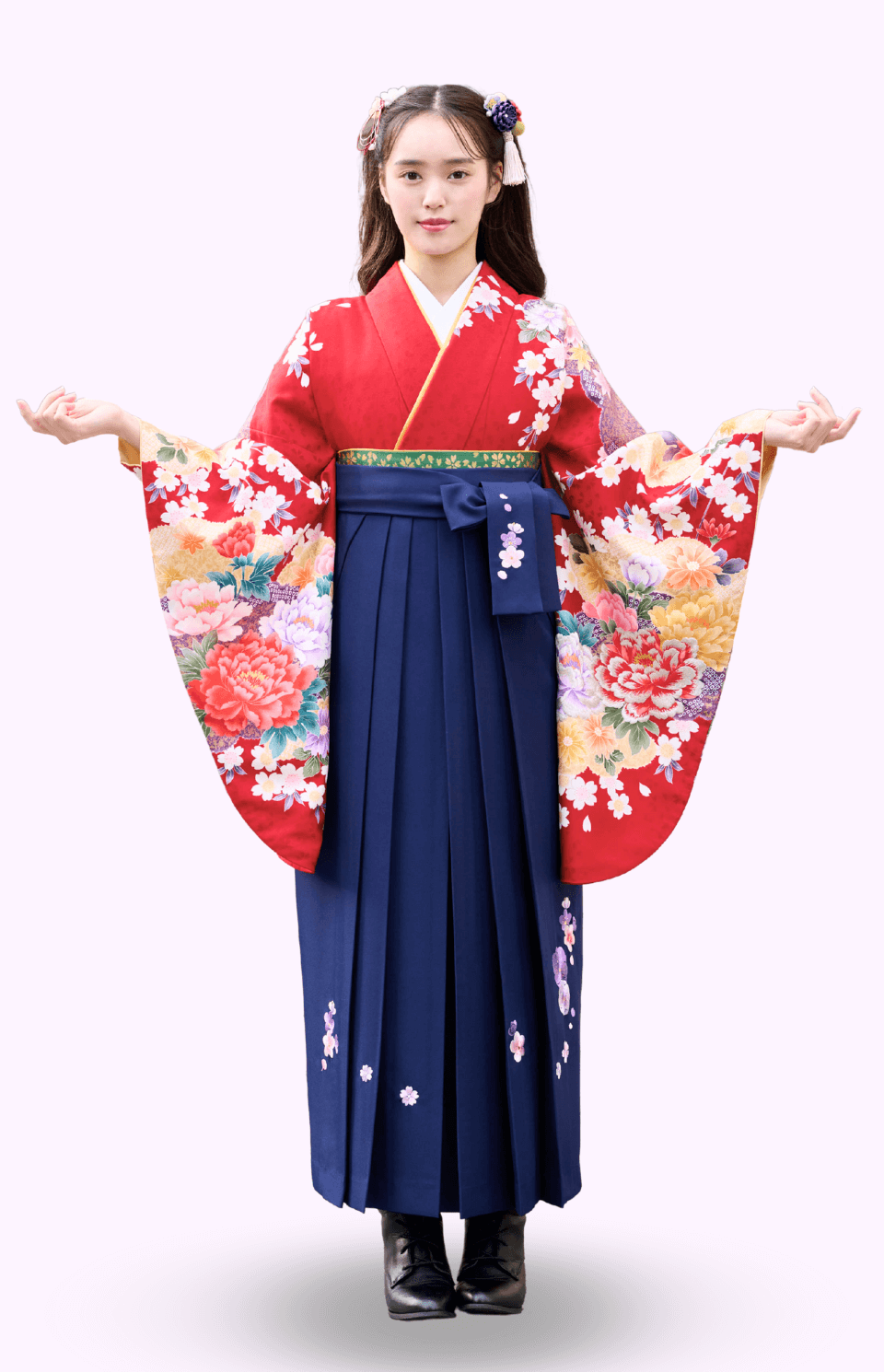 〈着物〉赤色 雲取りに牡丹柄着物 〈袴〉紺色 梅刺繡袴 【328】