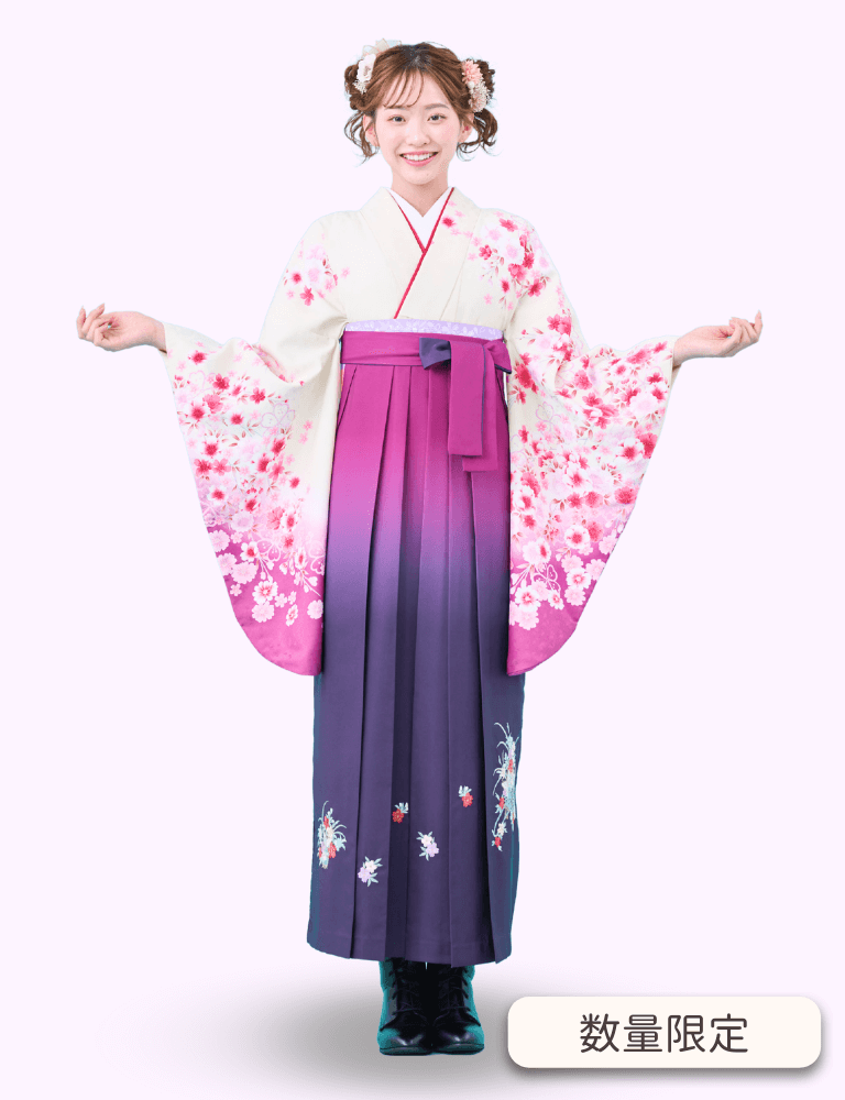 〈着物〉オフホワイト色×ローズ色 桜枝垂れ八重柄着物 〈袴〉紫色&ワイン色ぼかし 花車の刺繍袴 【329】