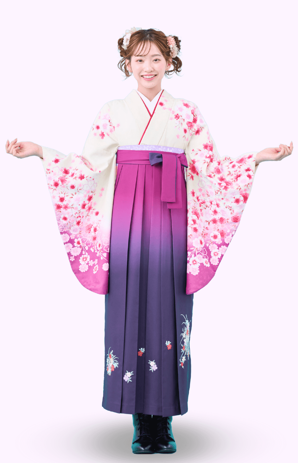 〈着物〉オフホワイト色×ローズ色 桜枝垂れ八重柄着物 〈袴〉紫色&ワイン色ぼかし 花車の刺繍袴 【329】