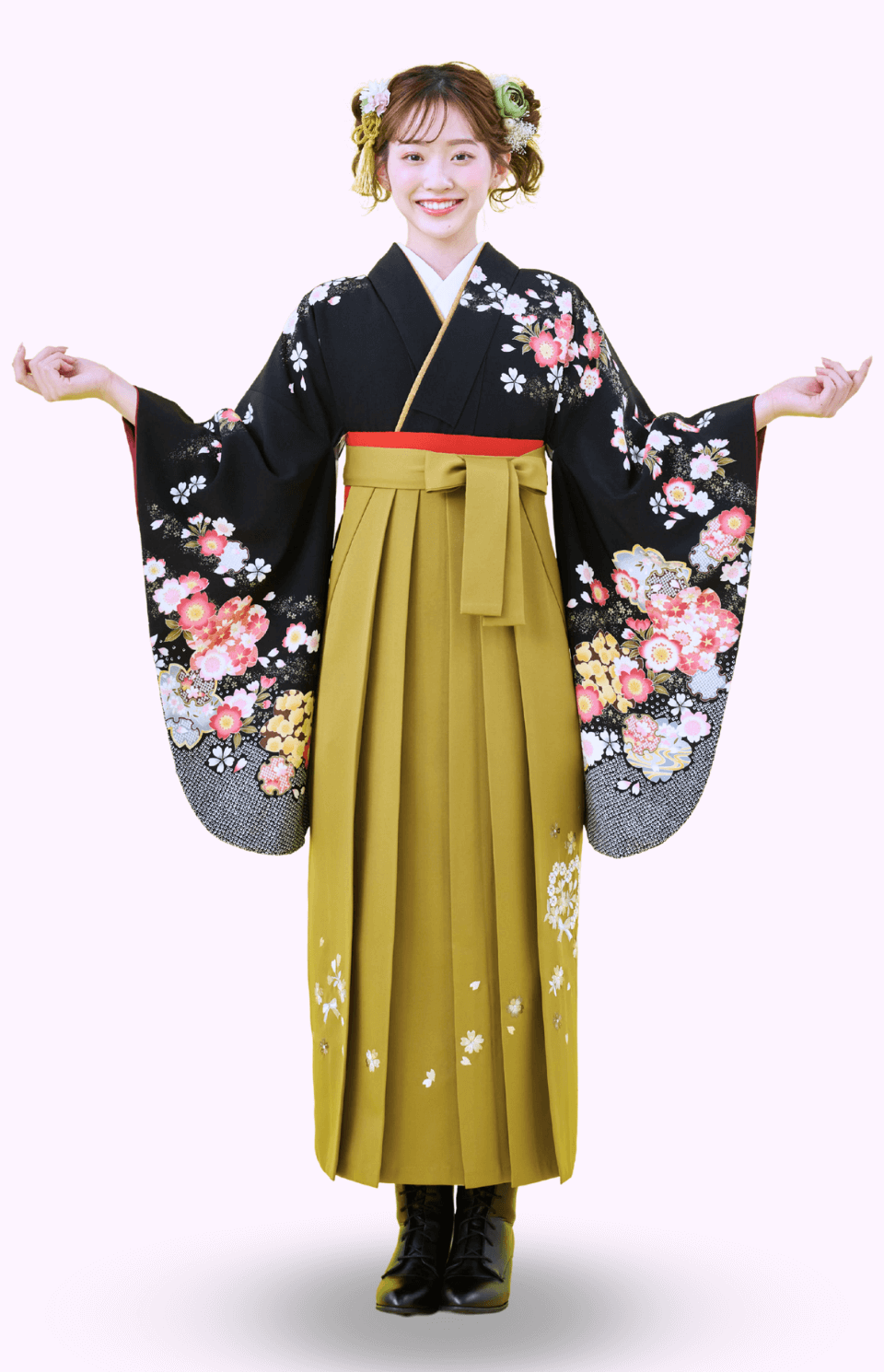 〈着物〉黒色 匹田桜柄着物 〈袴〉オリーブ色 ハートリボン刺繍袴 【331】