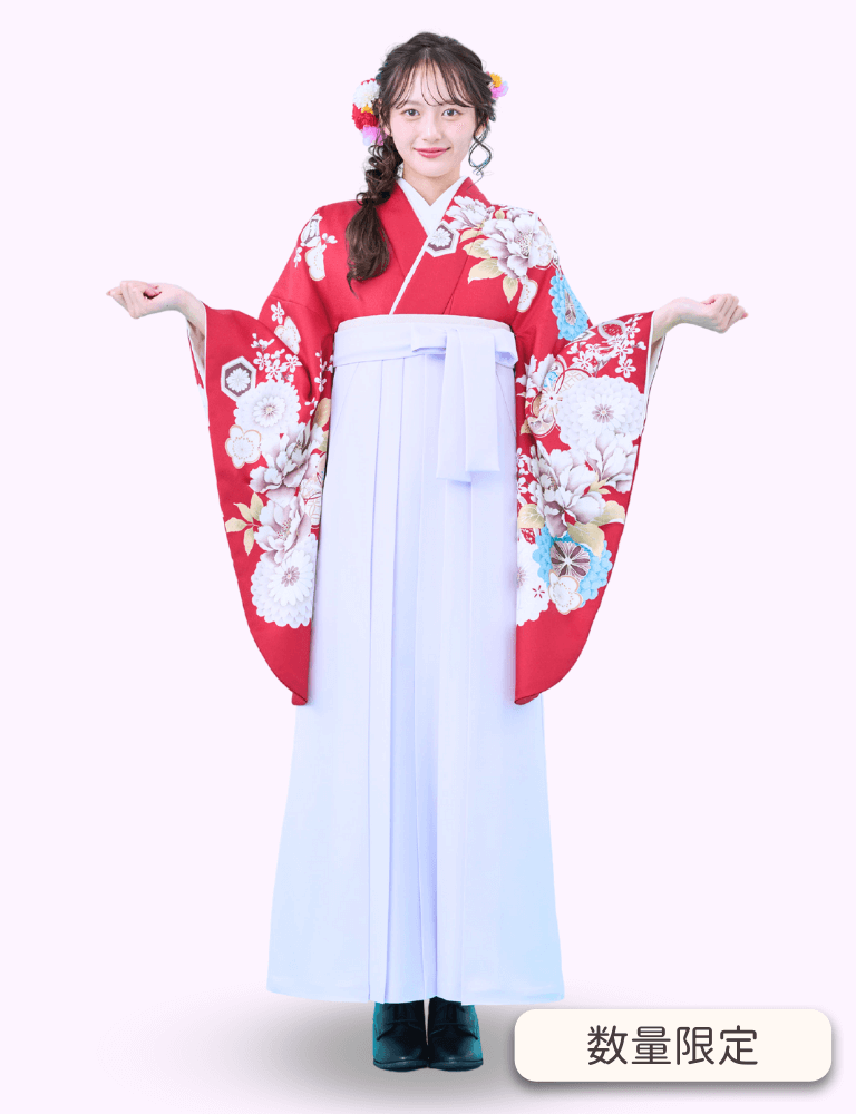 〈着物〉赤色 牡丹菊に七宝柄 〈袴〉ラベンダー色 無地袴 【332】