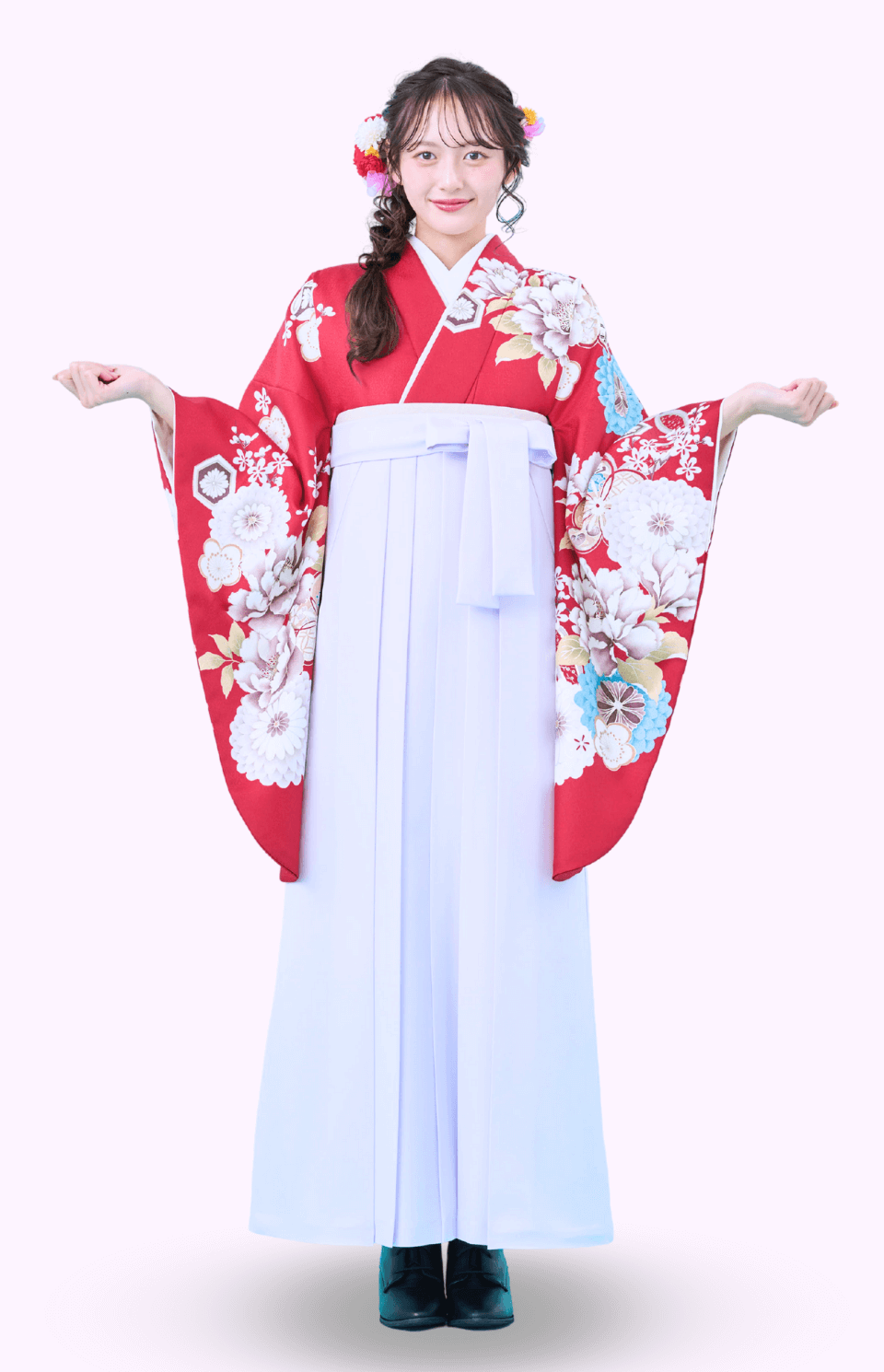 〈着物〉赤色 牡丹菊に七宝柄 〈袴〉ラベンダー色 無地袴 【332】