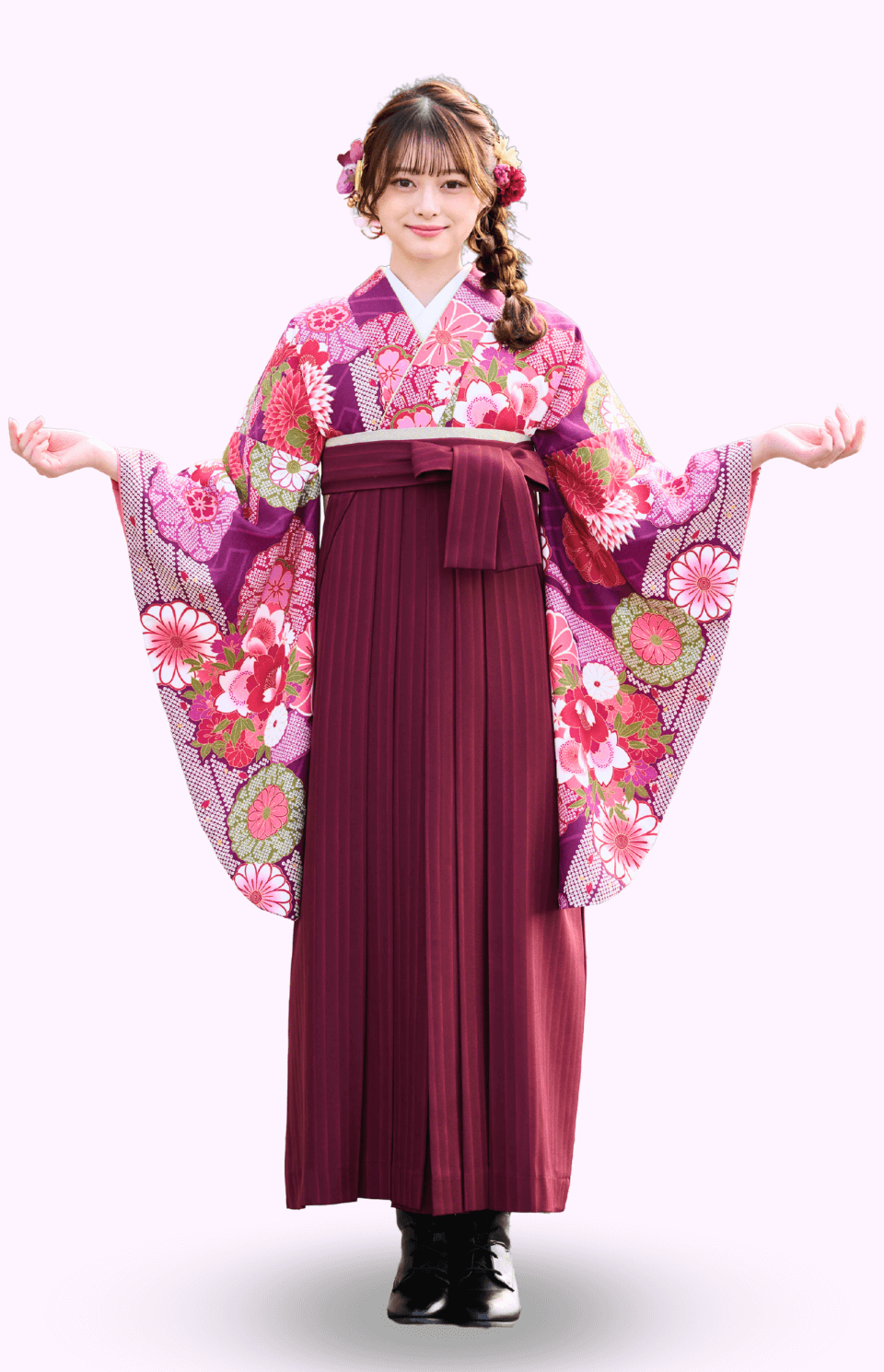 〈着物〉紫色 さや形柄着物 〈袴〉エンジ色 ストライプ袴 【336】