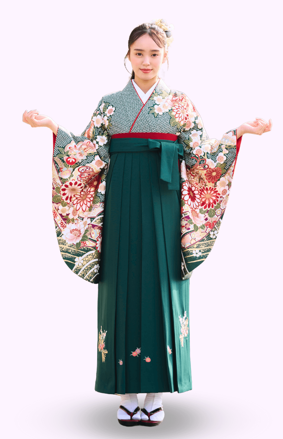 〈着物〉緑色 疋田に熨斗 〈袴〉グリーン色 熨斗目花束の刺繍袴 【337】