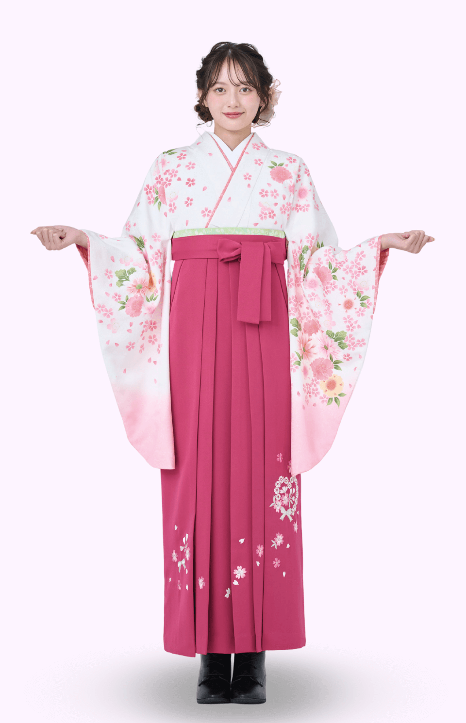 〈着物〉白色 マーガレット柄着物 〈袴〉ローズ色  ハートリボン刺繍袴 【338】