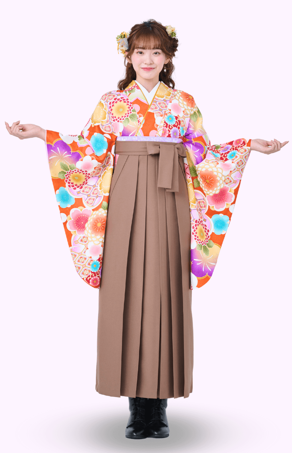 〈着物〉朱色 楓桜に万寿菊柄着物 〈袴〉ココア色 無地袴 【339】