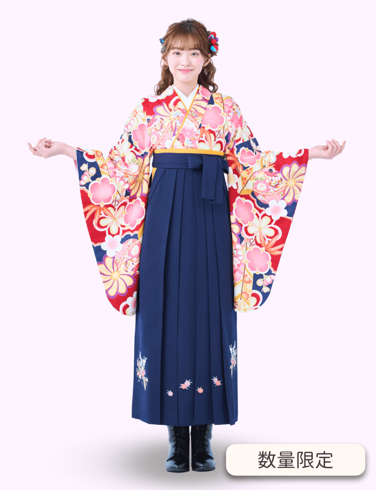 〈着物〉赤色 矢羽に毬柄着物 〈袴〉紺色 熨斗目花束の刺繍袴 【340】