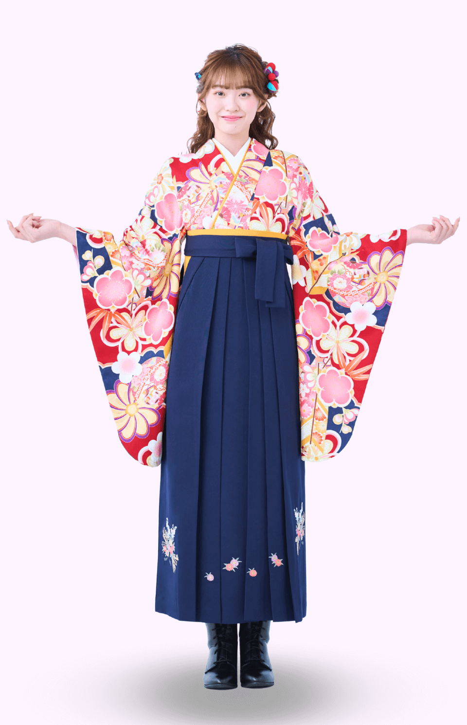 〈着物〉赤色 矢羽に毬柄着物 〈袴〉紺色 熨斗目花束の刺繍袴 【340】