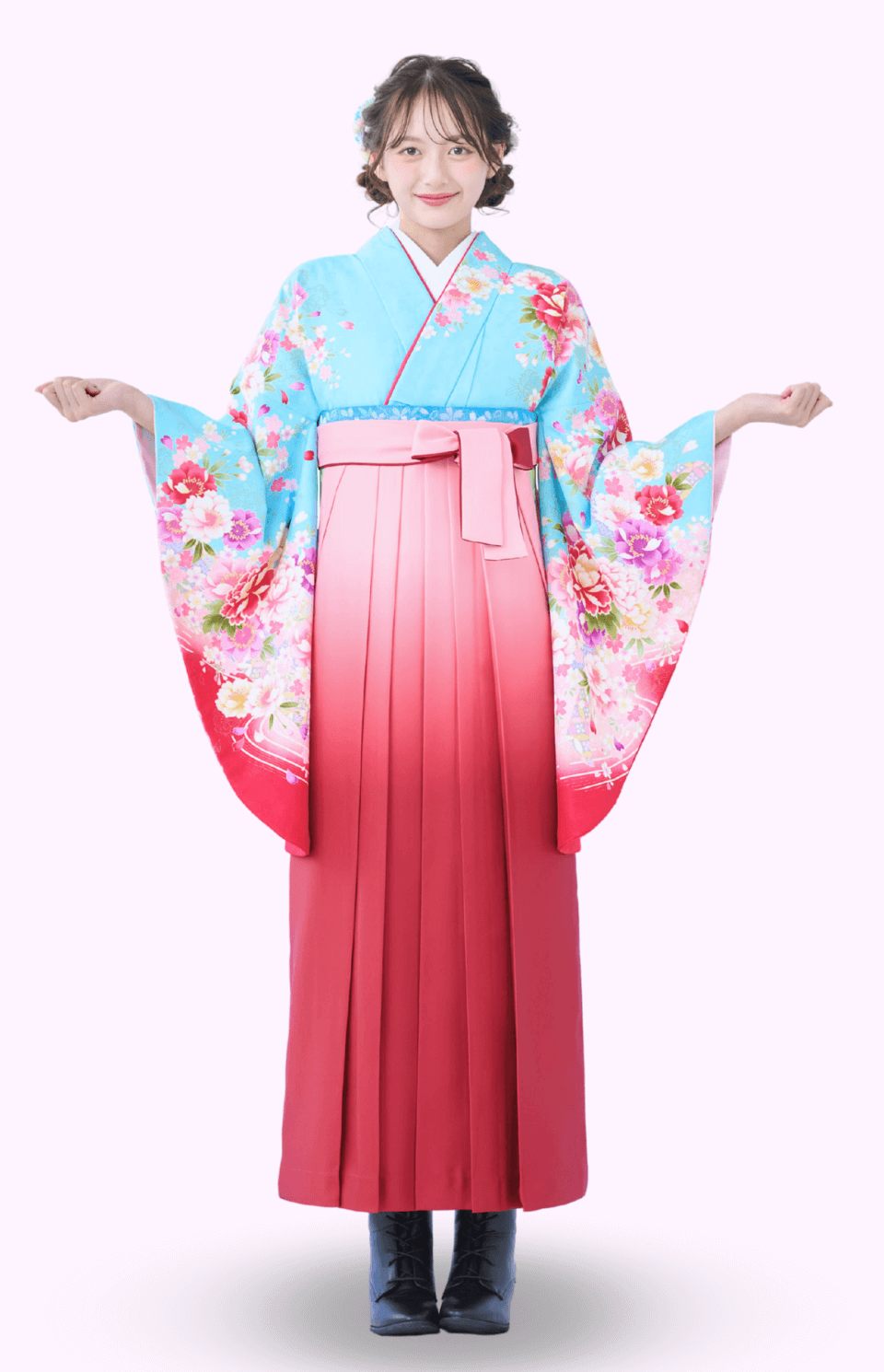 〈着物〉水色 牡丹に桜と熨斗柄着物 〈袴〉ピンク色ぼかし 無地袴 【342】