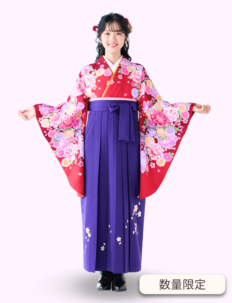 〈着物〉赤色 変わり大桜にぼたん柄着物 〈袴〉紫 桜ちらし刺繡袴 【343】