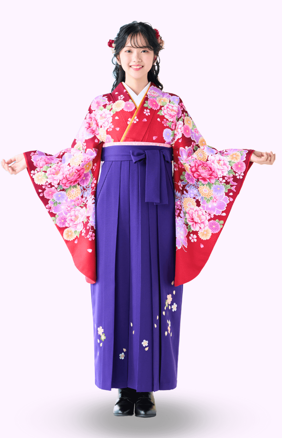 〈着物〉赤色 変わり大桜にぼたん柄着物 〈袴〉紫 桜ちらし刺繡袴 【343】