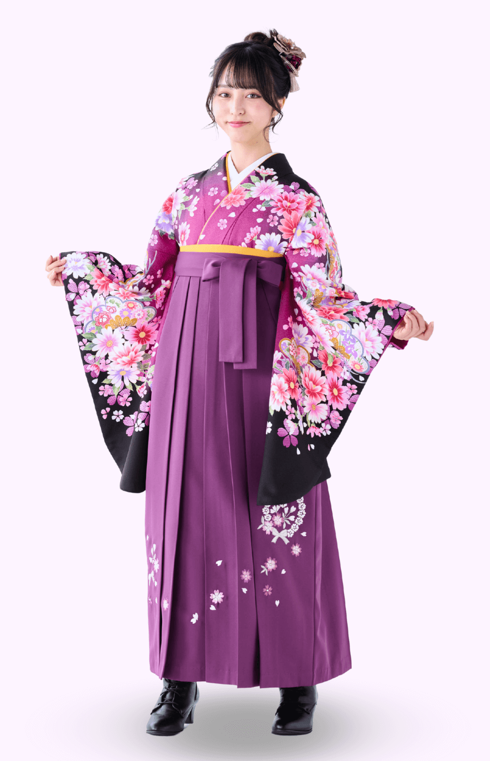 〈着物〉紫色 匹田桜に松柄着物 〈袴〉紫色 ハートリボン刺繍袴 【353】