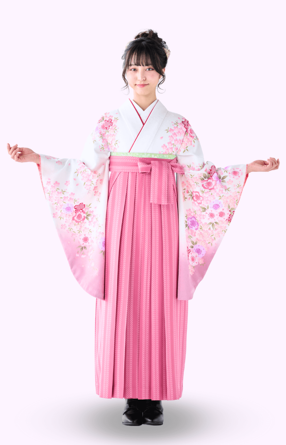 〈着物〉白色 刺繍桜柄着物 〈袴〉ピンク色 ストライプリーフ柄袴 【355】