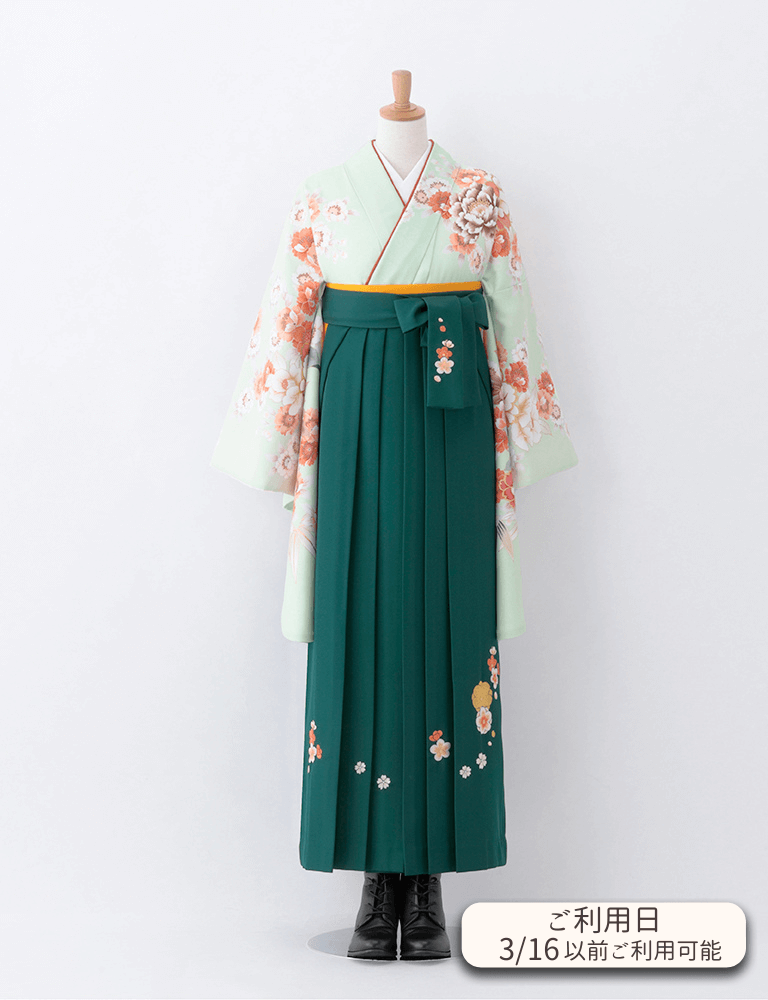 〈着物〉ヒワ色 牡丹と椿柄着物 〈袴〉グリーン色 梅刺繡袴 【T081】