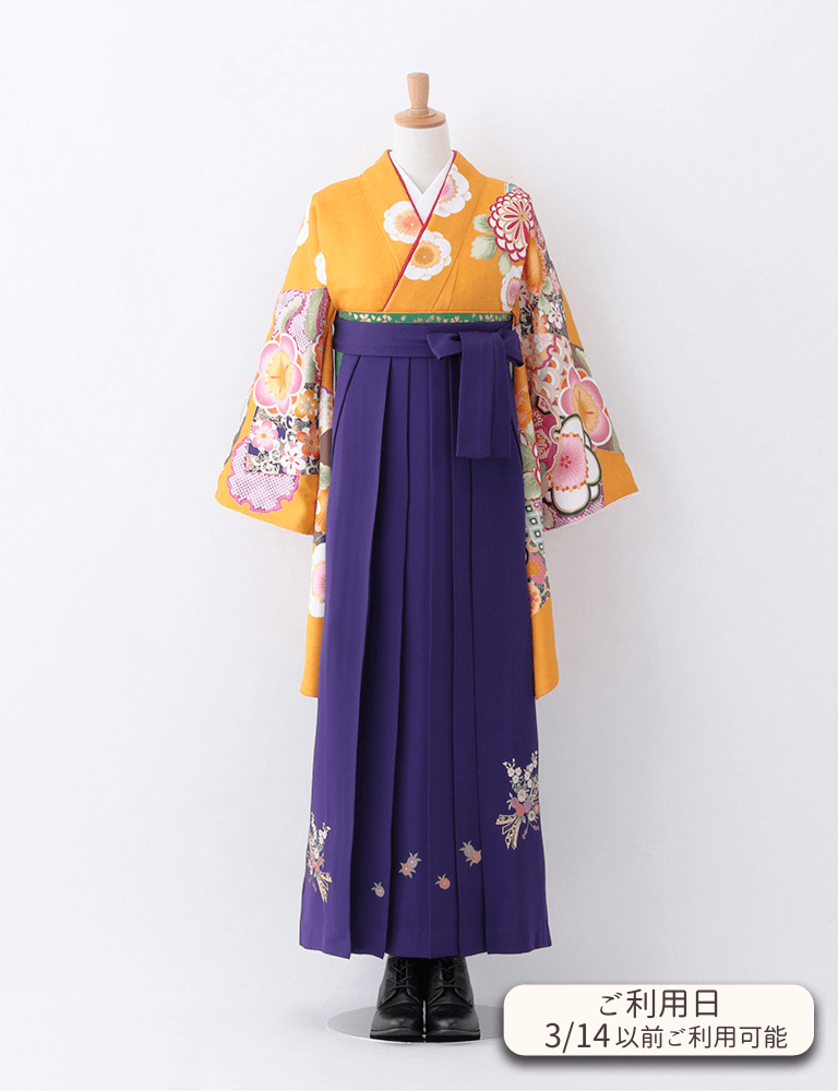 〈着物〉からし色 市松取り柄着物 〈袴〉紫色 熨斗目花束の刺繍袴 【T086】