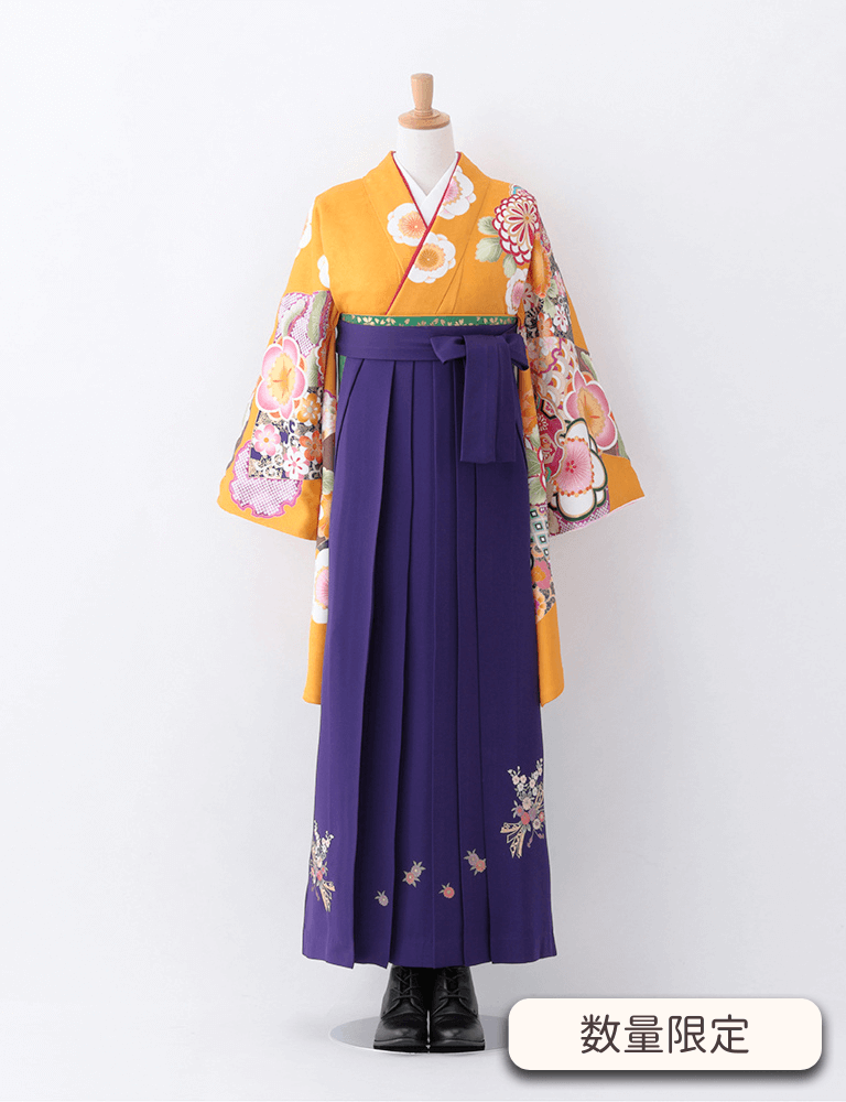 〈着物〉からし色 市松取り柄着物 〈袴〉紫色 熨斗目花束の刺繍袴 【T086】