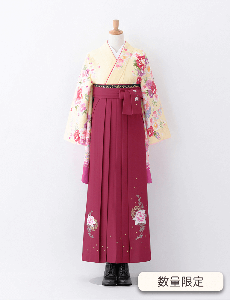 〈着物〉クリーム色 牡丹に桜と熨斗柄着物 〈袴〉ワイン色 花王冠刺繍袴 【T111】