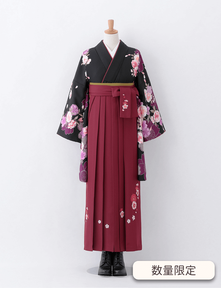 着物〉紫色 匹田桜に松柄着物 〈袴〉紫色 ハートリボン刺繍袴 【T114 