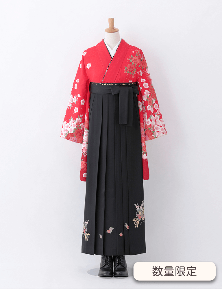 〈着物〉赤色 八重桜柄着物 〈袴〉黒色 熨斗目花束の刺繍袴 【T148】