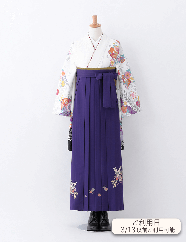 〈着物〉白色 熨斗柄着物 〈袴〉紫色 熨斗目花束の刺繍袴 【T149】