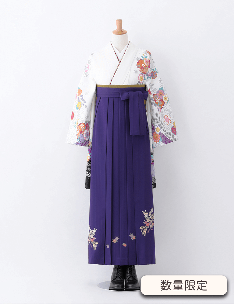 〈着物〉白色 熨斗柄着物 〈袴〉紫色 熨斗目花束の刺繍袴 【T149】