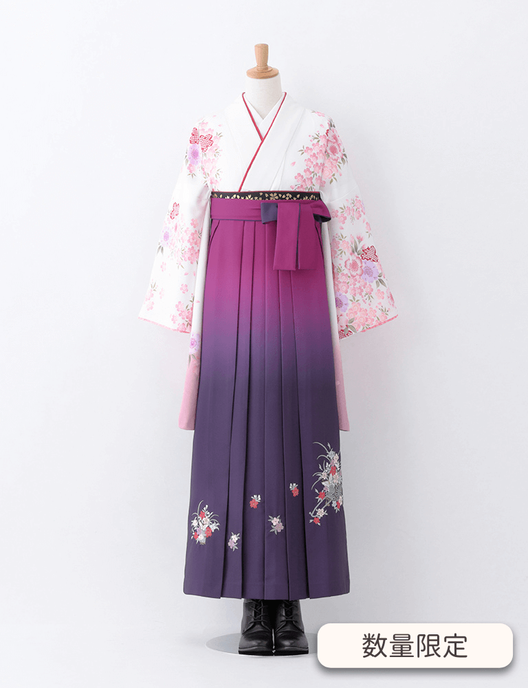 〈着物〉白色 刺繍桜柄着物 〈袴〉紫色&ワイン色ぼかし 花車の刺繍袴 【T155】