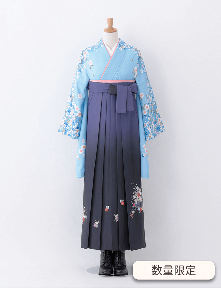 〈着物〉水色色 小桜柄着物 〈袴〉紺色＆ブルー色ぼかし 花車の刺繍袴 【T156】