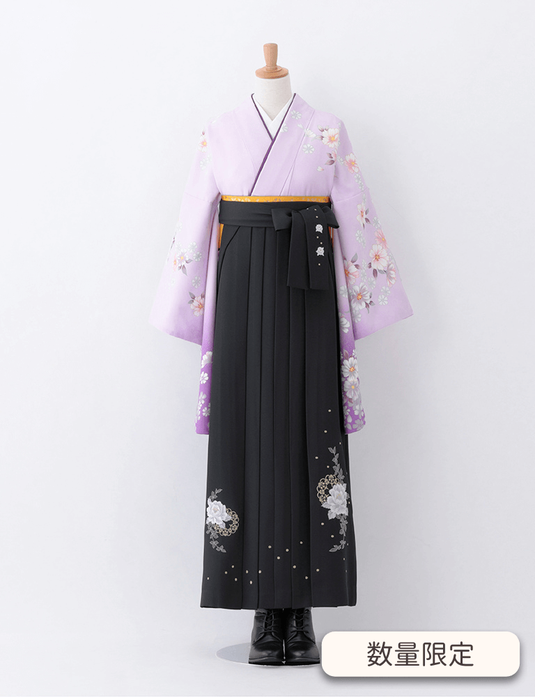 〈着物〉紫色 シルエット柄着物 〈袴〉黒色 花王冠刺繍袴 【T164】