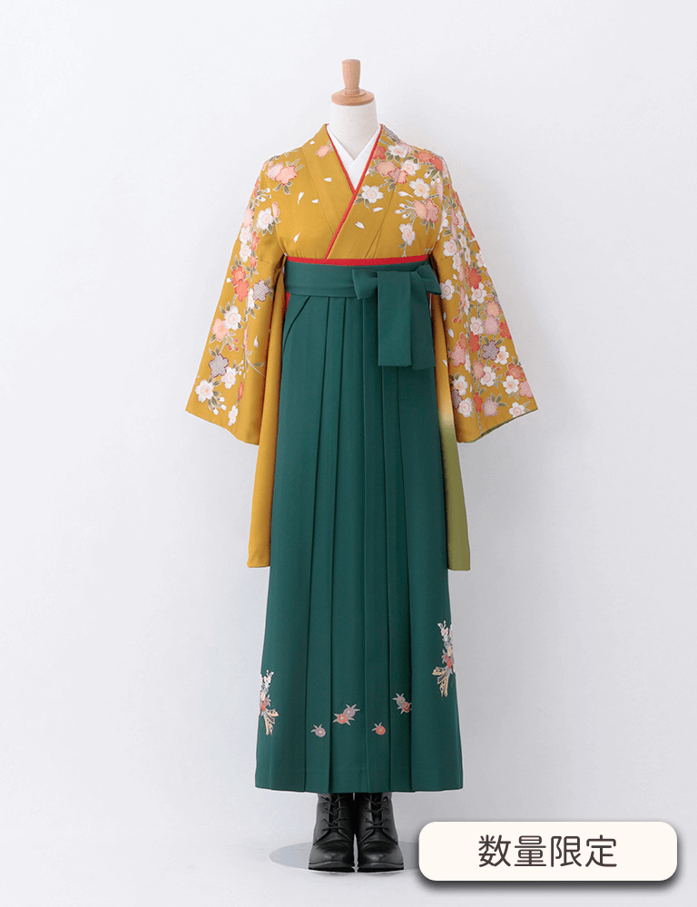 〈着物〉からし色 桜柄着物 〈袴〉グリーン色 熨斗目花束の刺繍袴 【T178】