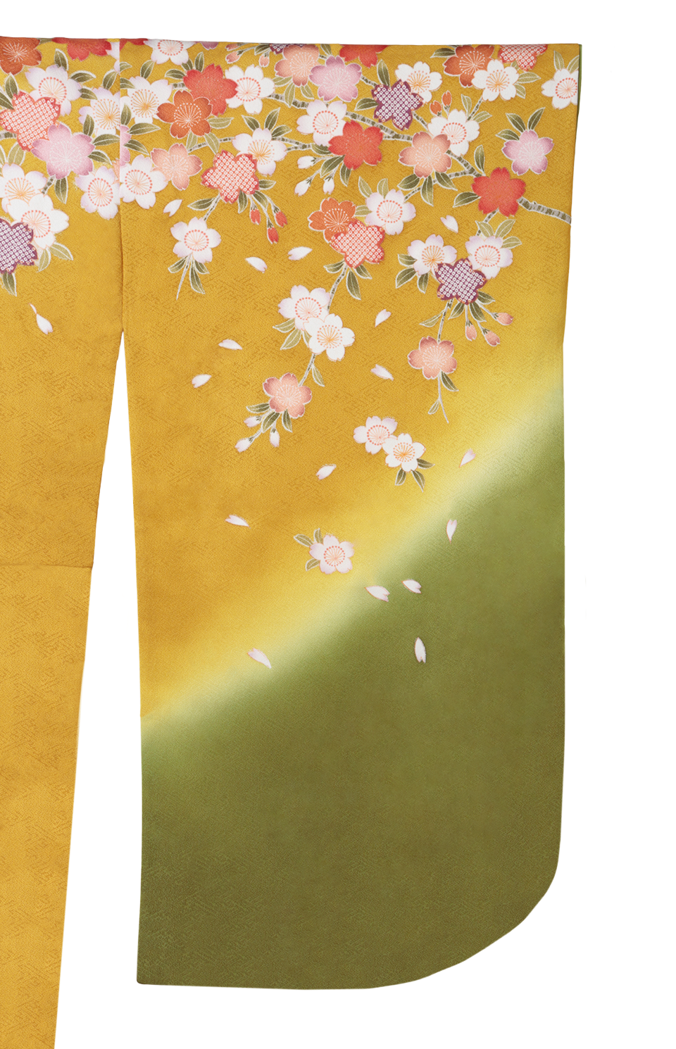 着物〉からし色 桜柄着物 〈袴〉グリーン色 熨斗目花束の刺繍袴 着物〉からし色 桜柄着物 〈袴〉グリーン色 熨斗目花束の刺繍袴