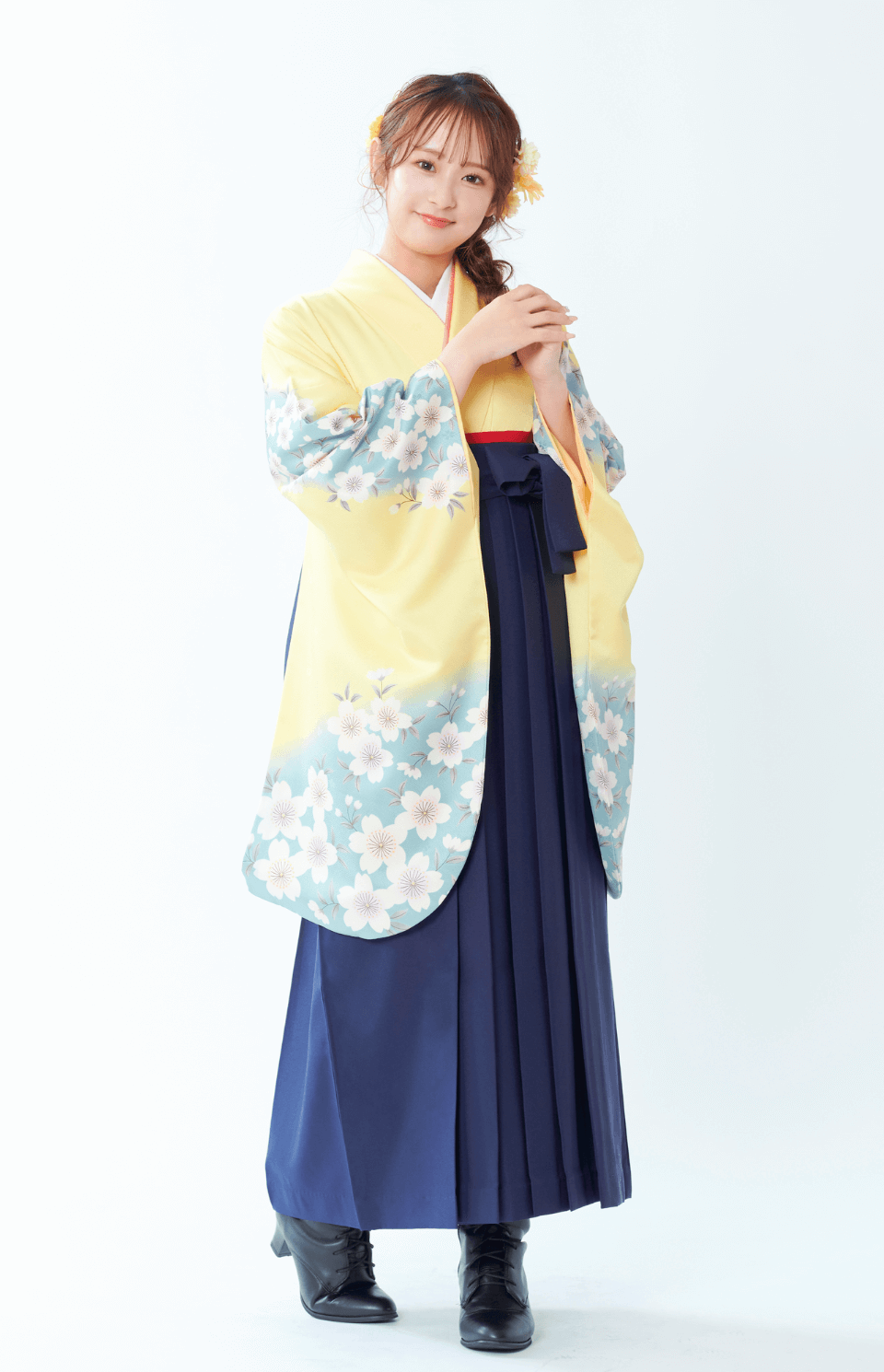 〈着物〉レモン色 大輪桜 〈袴〉紺色 無地袴 【G102】