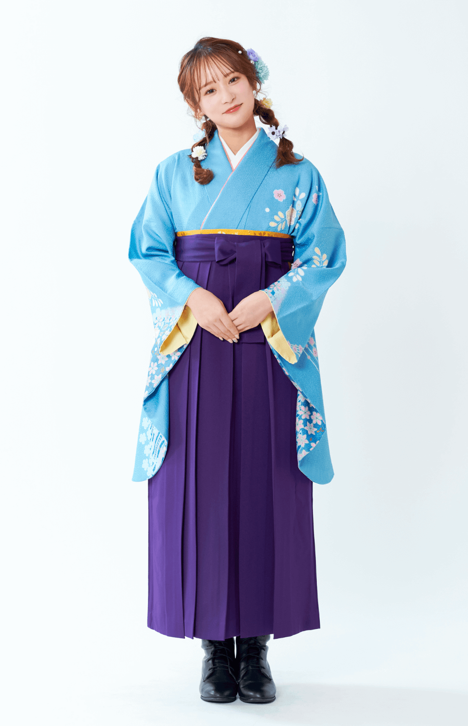 〈着物〉青色 辻が花 〈袴〉紫色 無地袴 【A144】