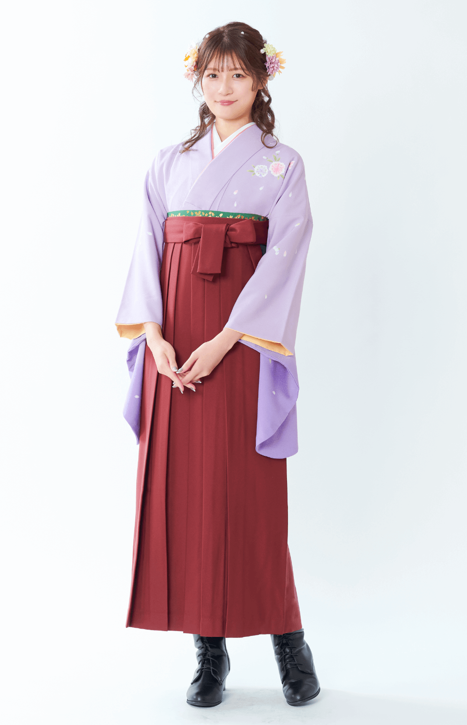 〈着物〉紫色 八重桜 〈袴〉エンジ色 無地袴 【G098】