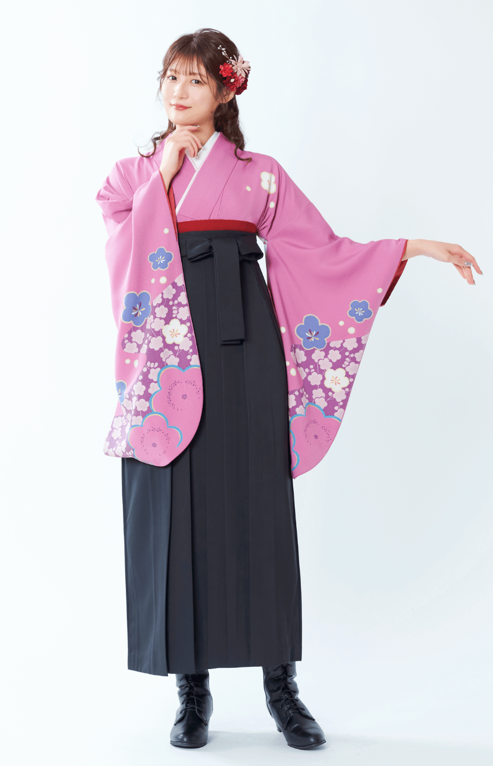 〈着物〉桃色 梅 〈袴〉黒色 無地袴 【G065】