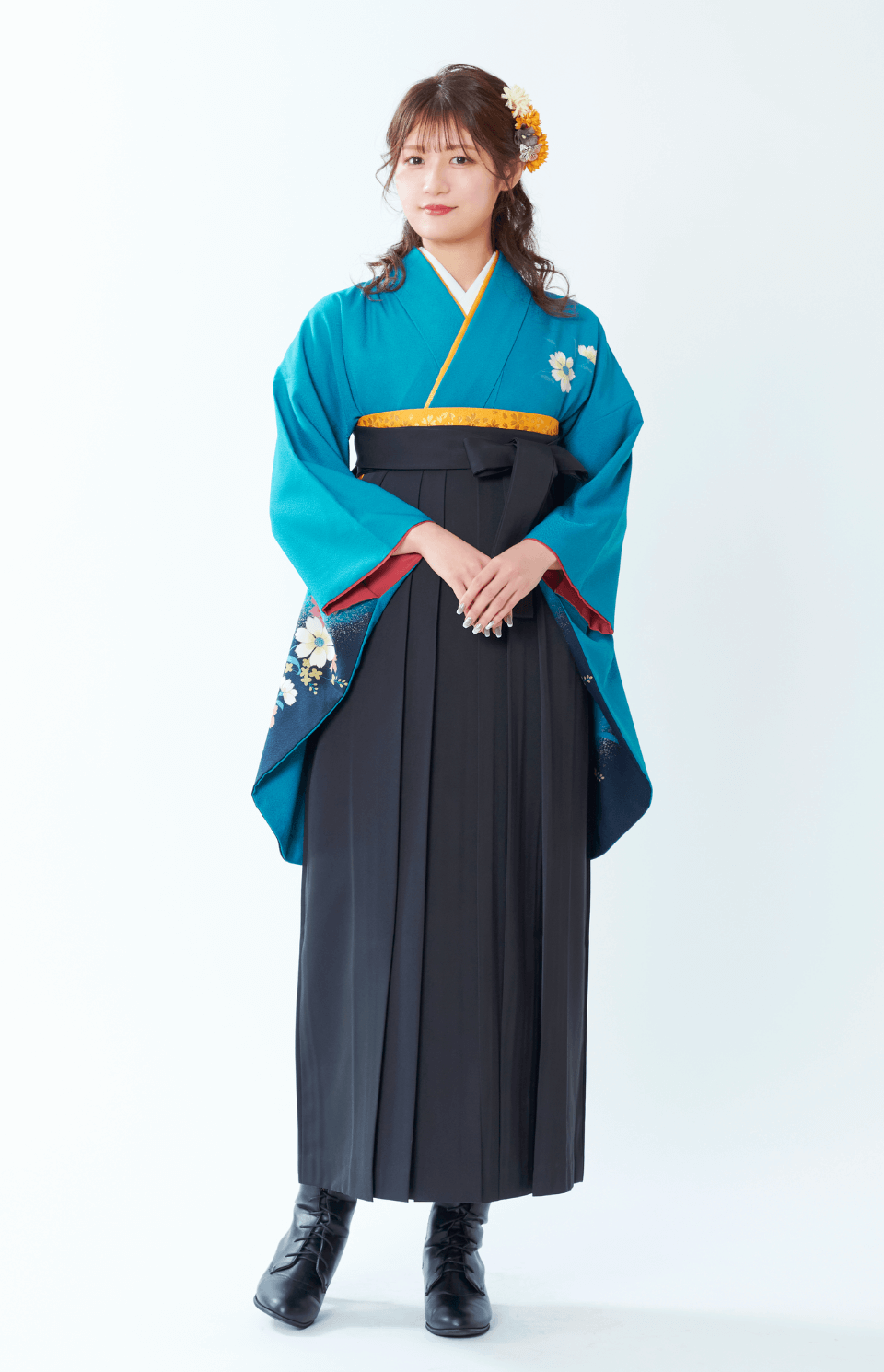 〈着物〉青色 なでしこ 〈袴〉黒色 無地袴 【G049】