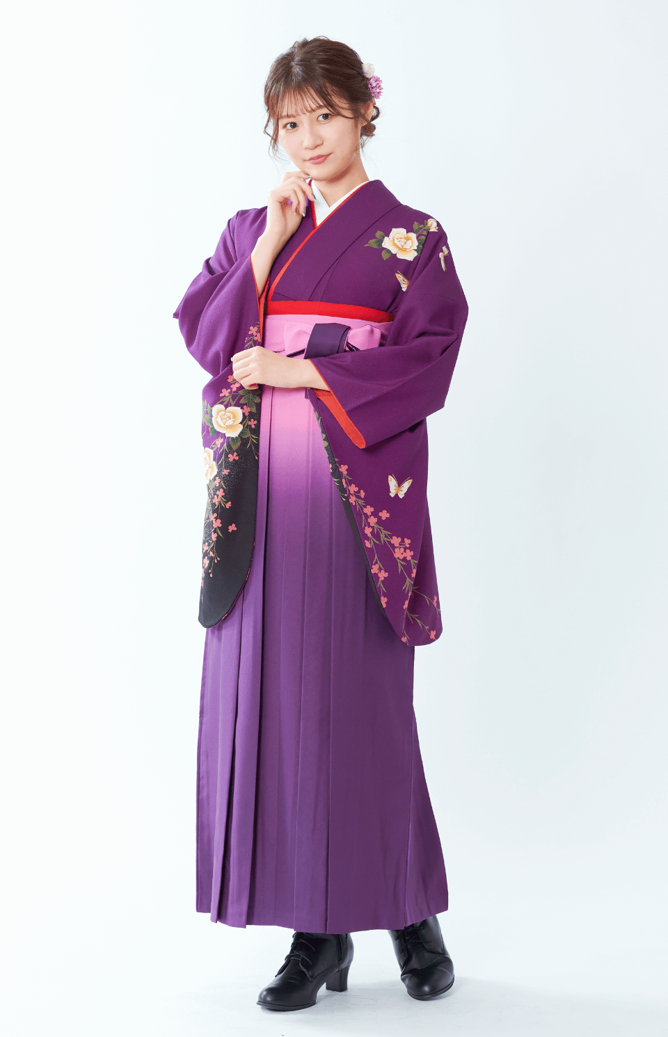 〈着物〉紫色 ばら 〈袴〉薄紫色ぼかし 無地袴 【A222】