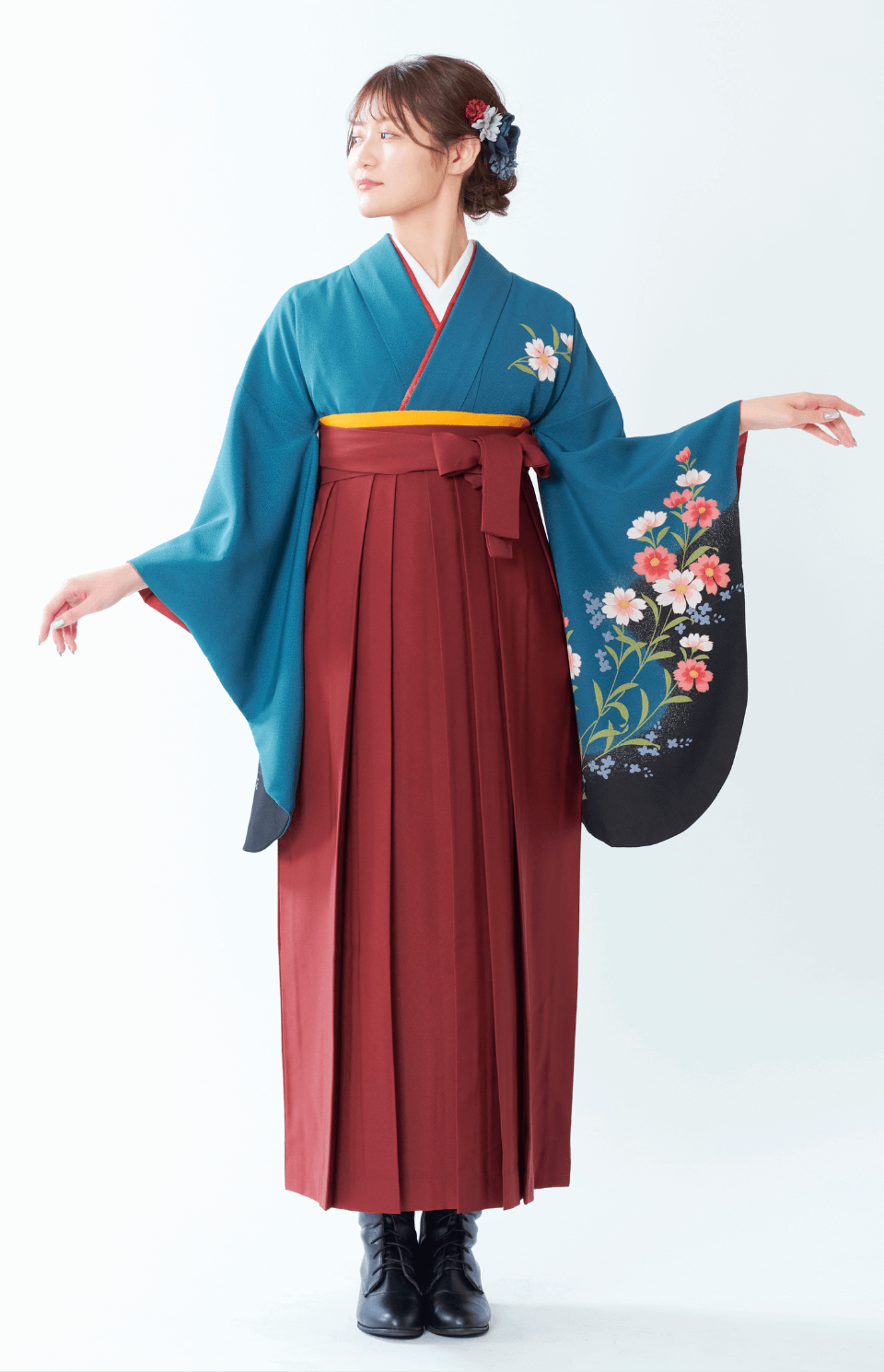 〈着物〉鉄紺色 なでしこ 〈袴〉エンジ色 無地袴 【G051】