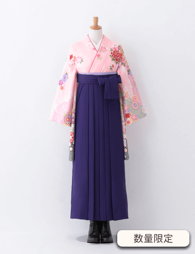 〈着物〉ピンク色 匹田柄に牡丹柄着物 〈袴〉紫色 無地袴 【T193】