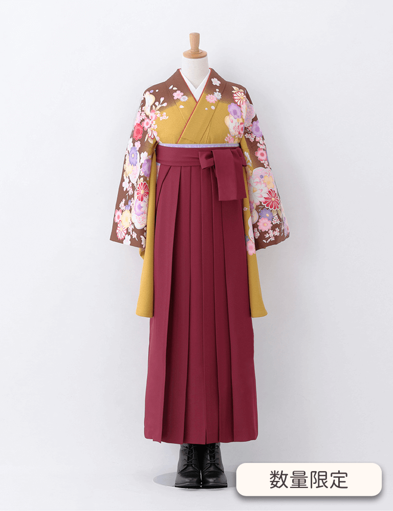 〈着物〉からし色 変わり梅に牡丹柄着物 〈袴〉エンジ色 無地袴 【T185】