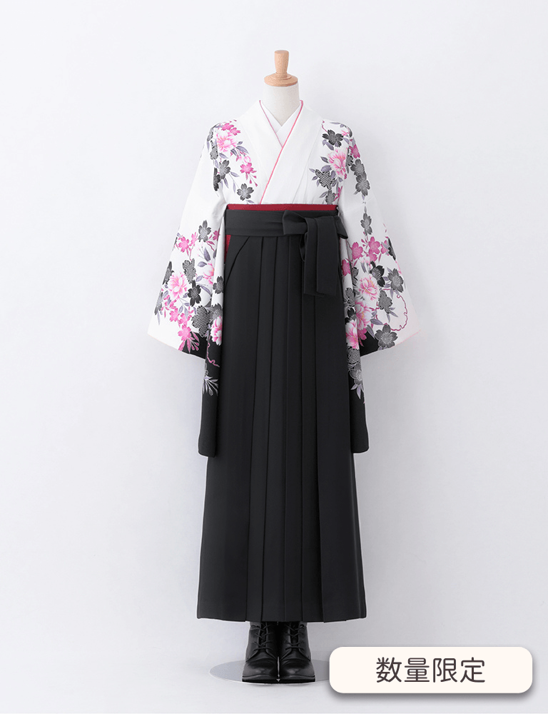 〈着物〉白色 雪輪に枝垂れ桜柄着物 〈袴〉黒色 無地袴 【T201】